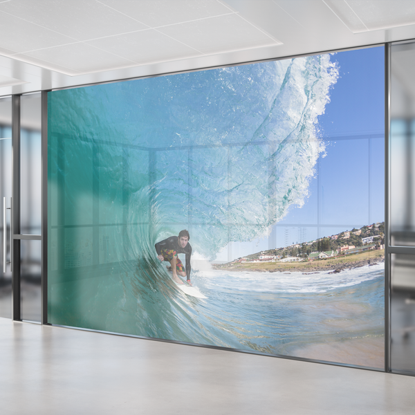 Full-window printed graphic in an office