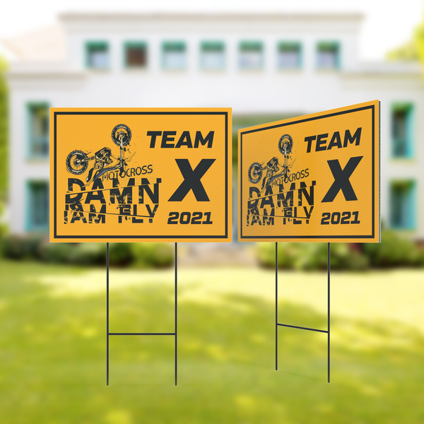 Custom printed yard signs on a lawn